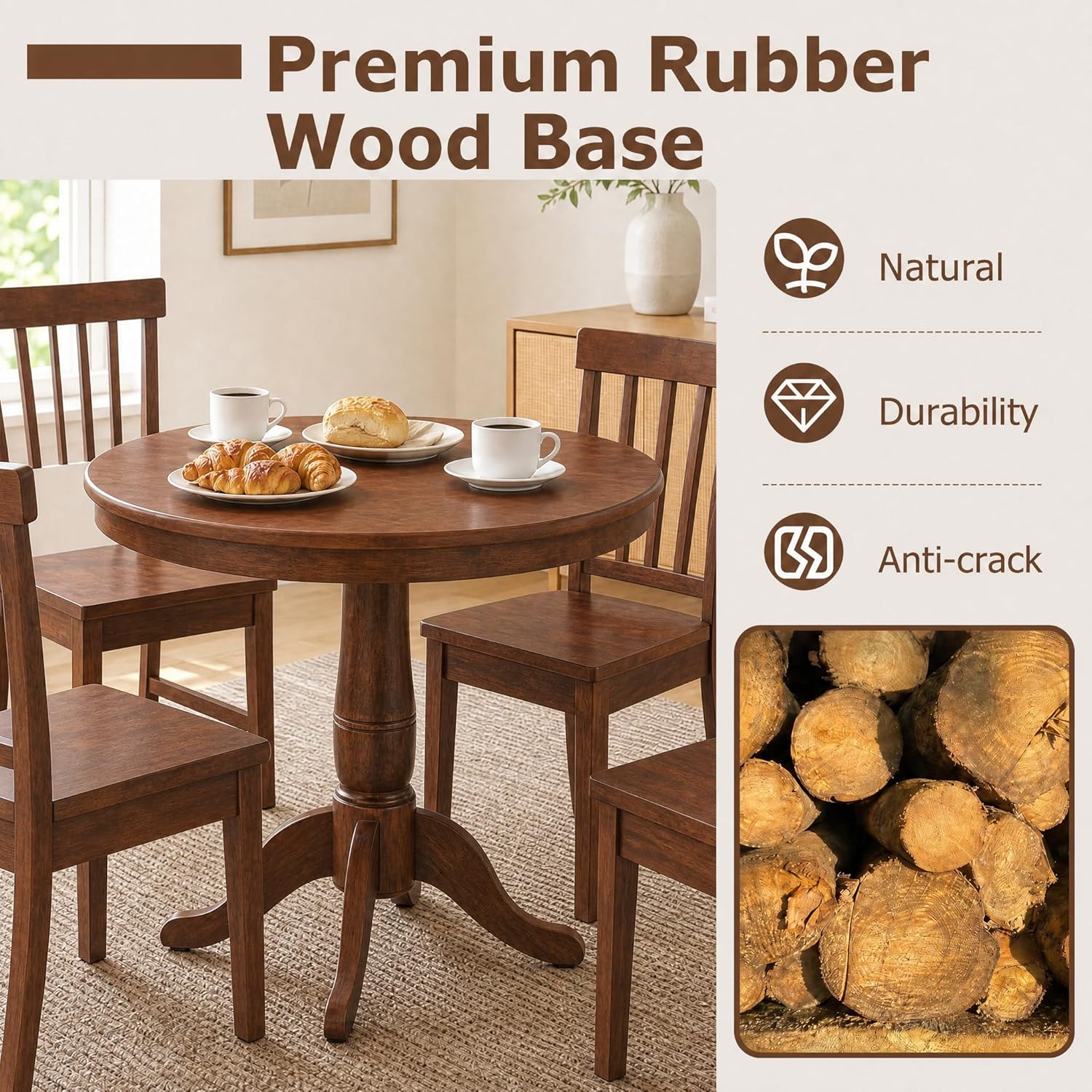 POWERSTONE Round Dining Table for 4, 32" Wood Counter Height Dinner Table Modern Farmhouse Kitchen Table with Pedestal Base for Dining Room, Living Room, Restaurant(Walnut)
