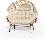 Double Wicker Egg Chair Outdoor Indoor - 2-Person Oversized Loveseat with 8" Thickened Paded Cushion - 700 lbs Weight Capacity Patio Lounge Chair for Balcony Porch Backyard (Beige Radial)