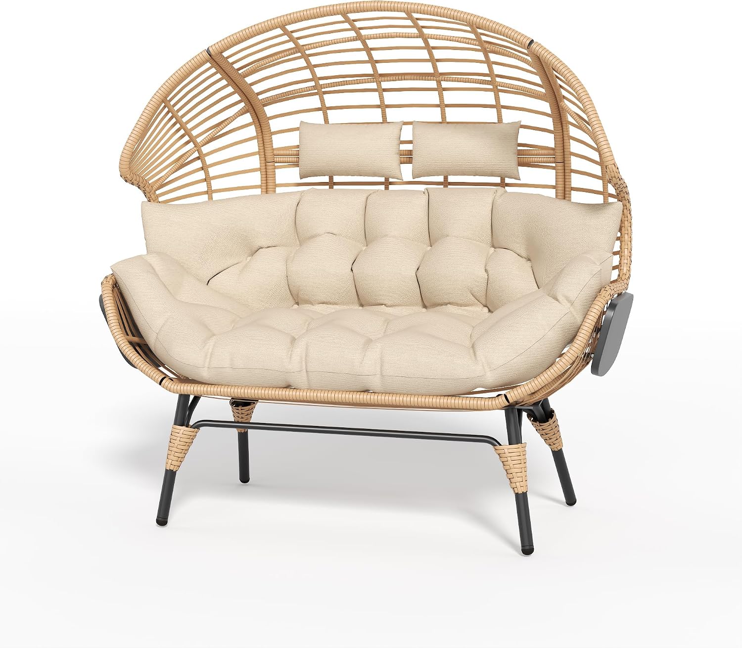 Double Wicker Egg Chair Outdoor Indoor - 2-Person Oversized Loveseat with 8" Thickened Paded Cushion - 700 lbs Weight Capacity Patio Lounge Chair for Balcony Porch Backyard (Beige Radial)
