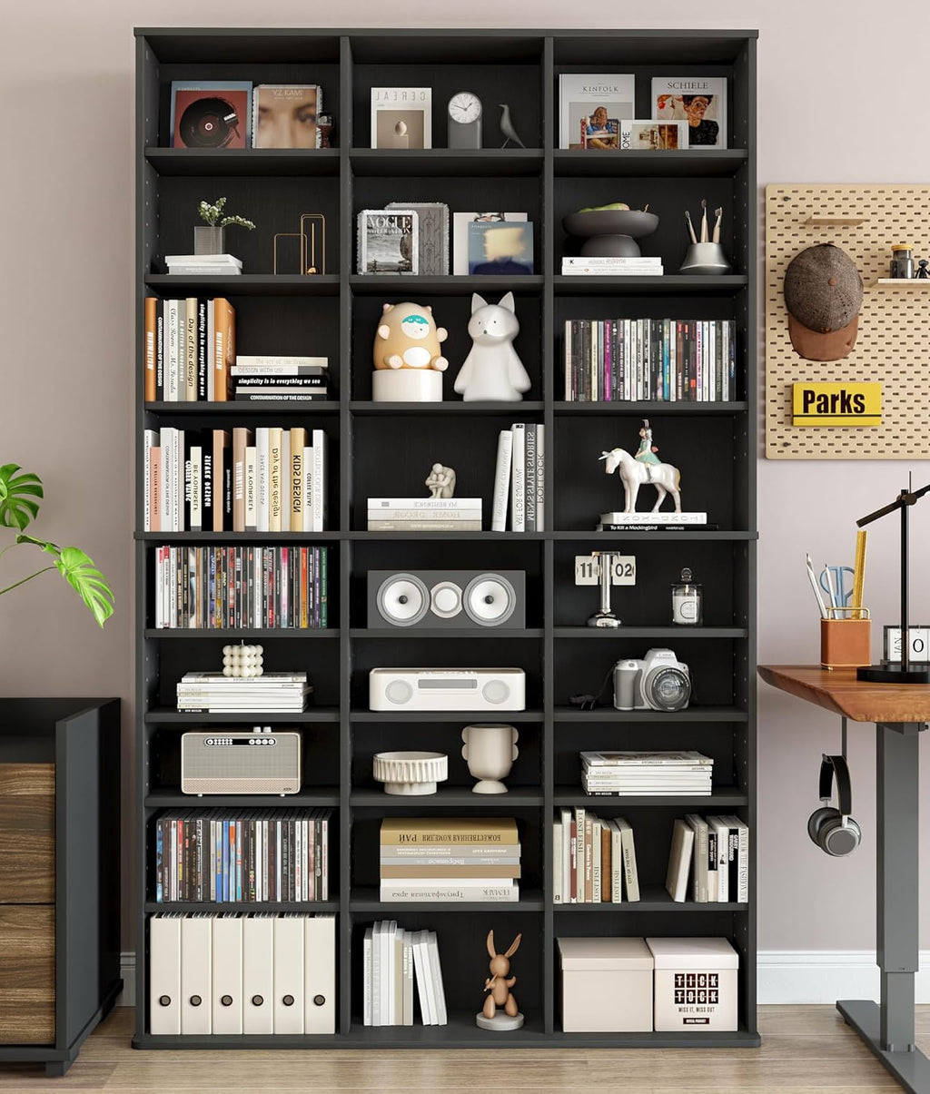 DVD Shelf Storage, 9-Tier Media Storage Cabinet with Adjustable Shelves CD Cabinet Media Tower for DVDs CD Holder, Books, Games, Blue Rays, Black