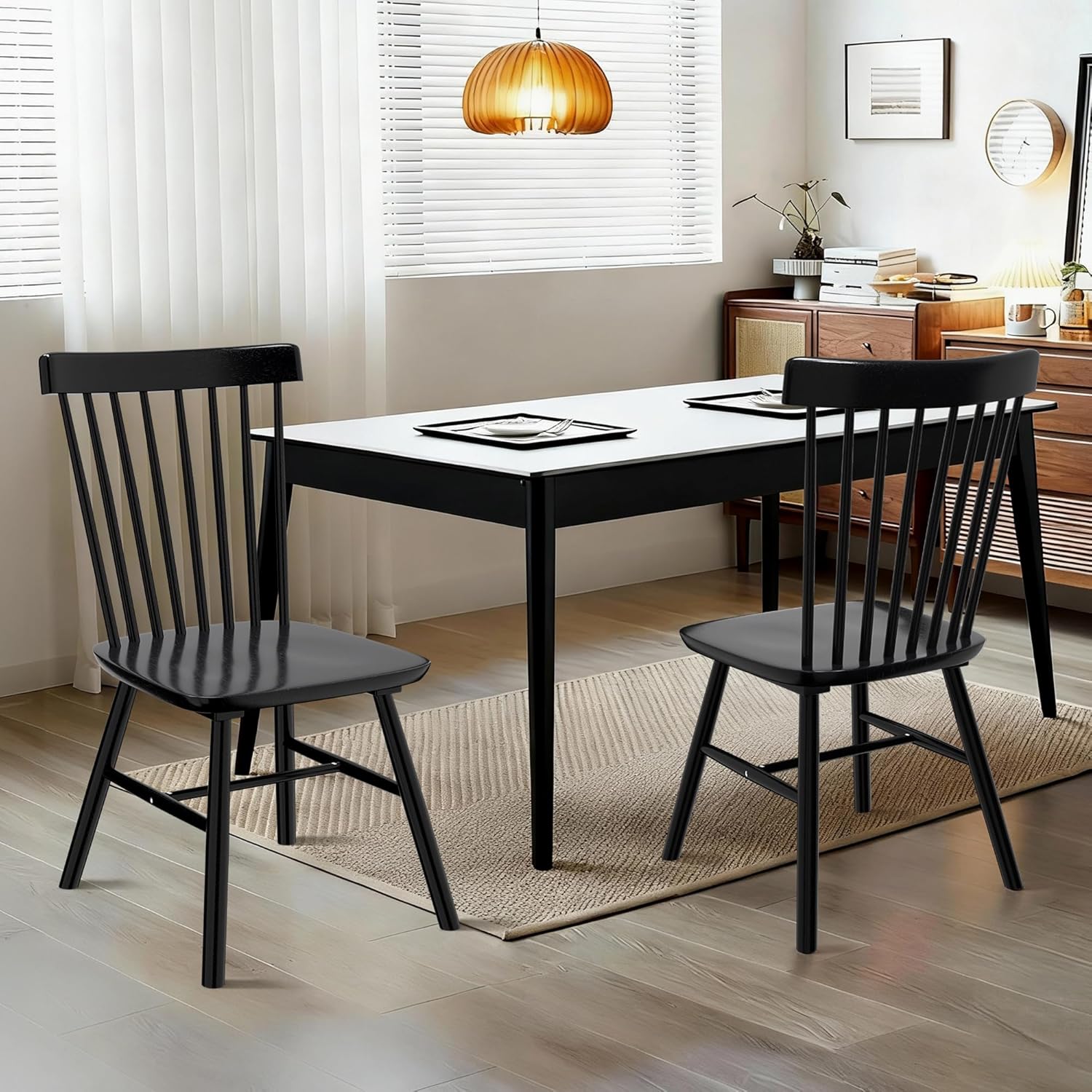 AreShark Windsor Dining Chairs Set of 4, Farmhouse Wooden Dining Room Chairs, Solid Wood Kitchen Chairs with Spindle Back, Black