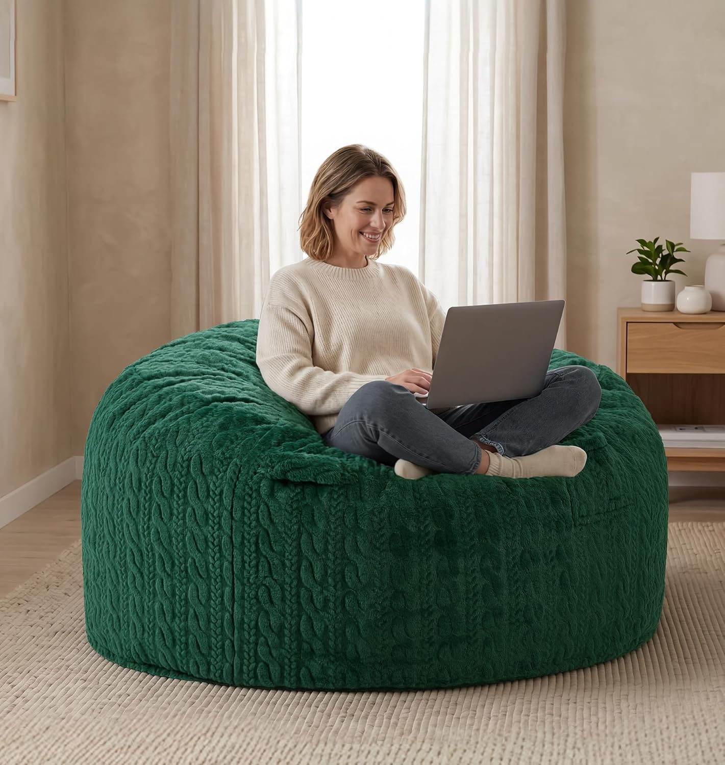 4FT Bean Bag Chair Large Beanbag Chairs for Adults with Memory Foam Removable Cover Luxurious Braided Fabric, Adult Bean Bag Chairs for Living Room Bedroom Gaming Dorm Office（Green,4FT-44"*44"*24"）