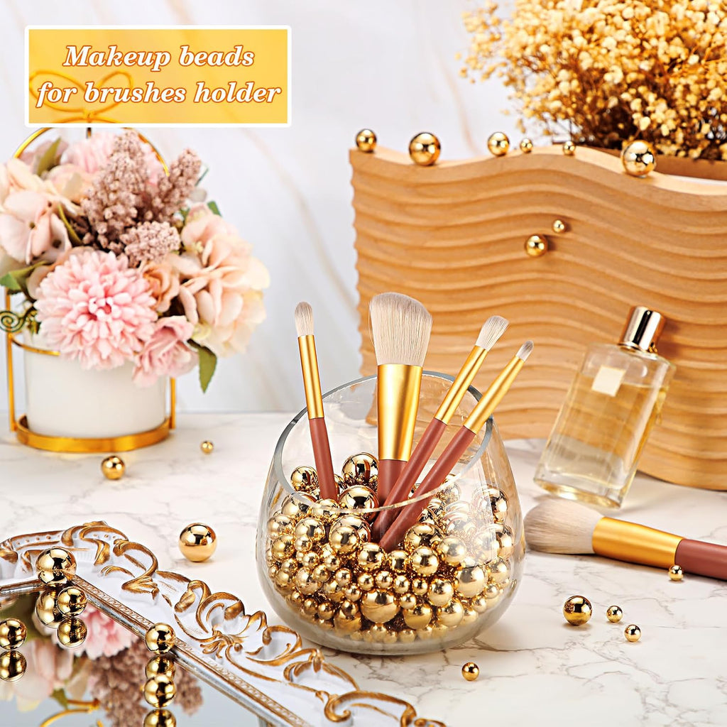 Junkin 300 Pcs Vase Filler Faux Pearls Vase Makeup Beads Bulk No Hole Gloss Pearl Beads Mixed Sizes Round Pearls for Wedding Home Table Birthday Decoration, 8/14/20 Mm(Gold)