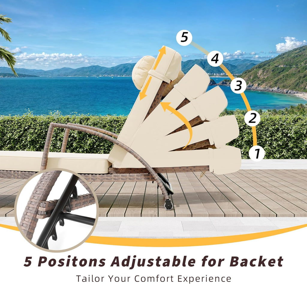 Outdoor Lounge Chairs Set of 2, Pool Lounge Chairs for Outside Patio Furniture, Outdoor PE Rattan Wicker Patio Chaise with 5-Positions Adjustable for Poolside, Deck,Beige