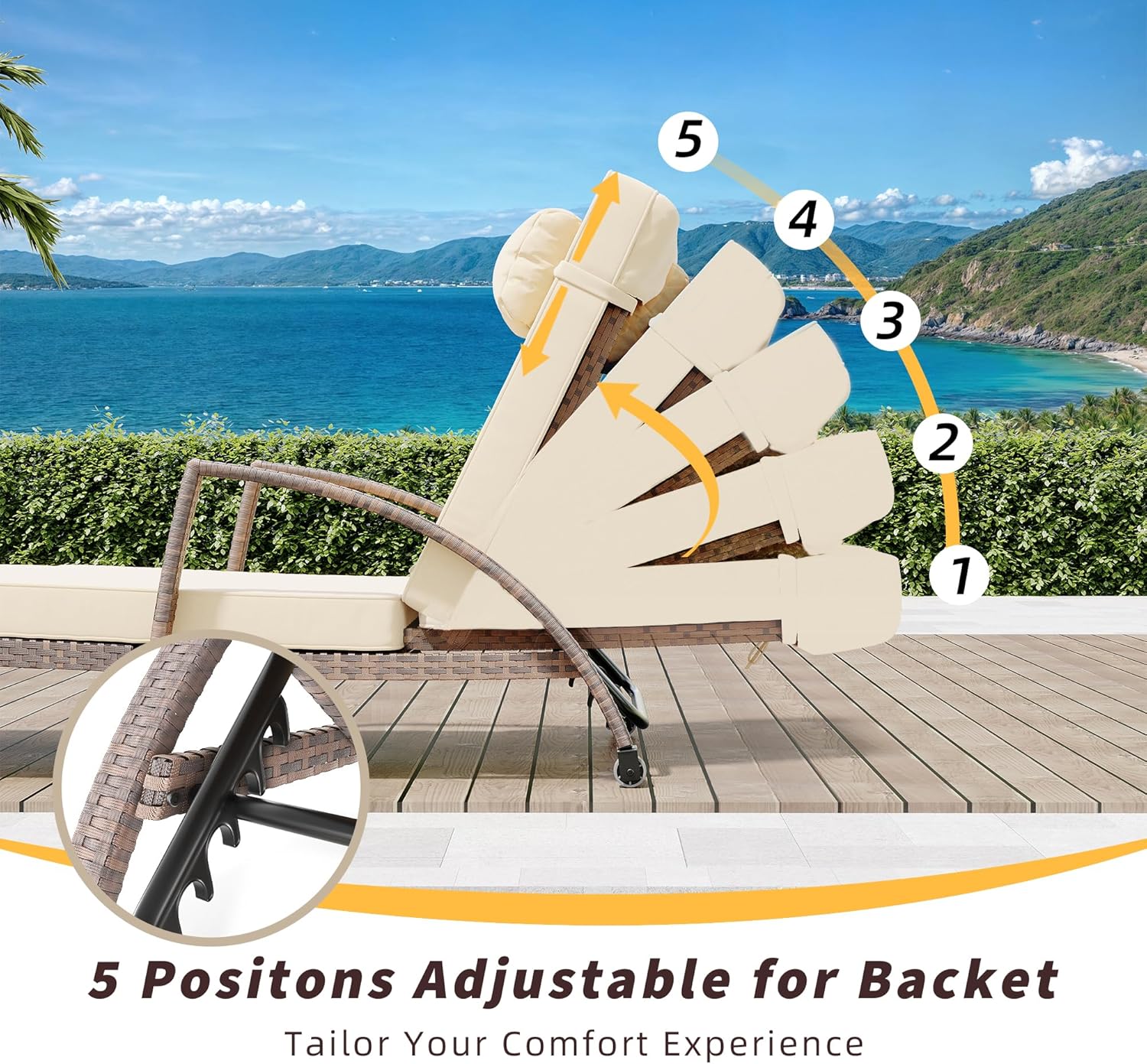 Outdoor Lounge Chairs Set of 2, Pool Lounge Chairs for Outside Patio Furniture, Outdoor PE Rattan Wicker Patio Chaise with 5-Positions Adjustable for Poolside, Deck,Beige