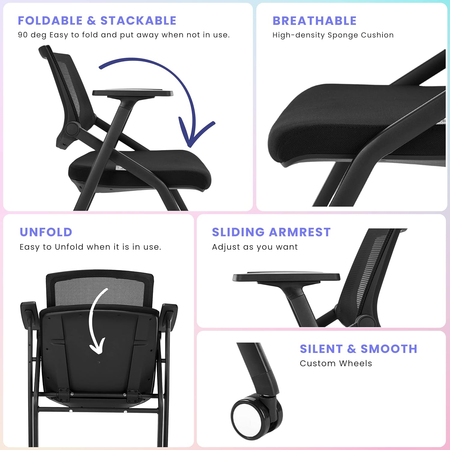 2 Pack Stackable Conference Room Chairs with Wheels and Paddle, Ergonomic Mesh Back and Arms for Meeting, Conference, Reception, Training Room & Home Office Desk Folding Chairs