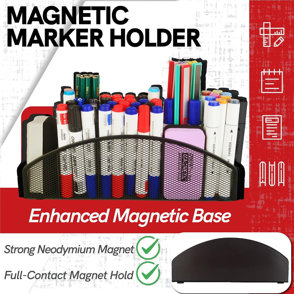 Magnetic Dry Erase Marker Holder for Whiteboard, 5 Slots Metal Pen Holder with Strong Magnets, 10inch Large Capacity Storage Basket Organizer for Office, School and Home (Black)