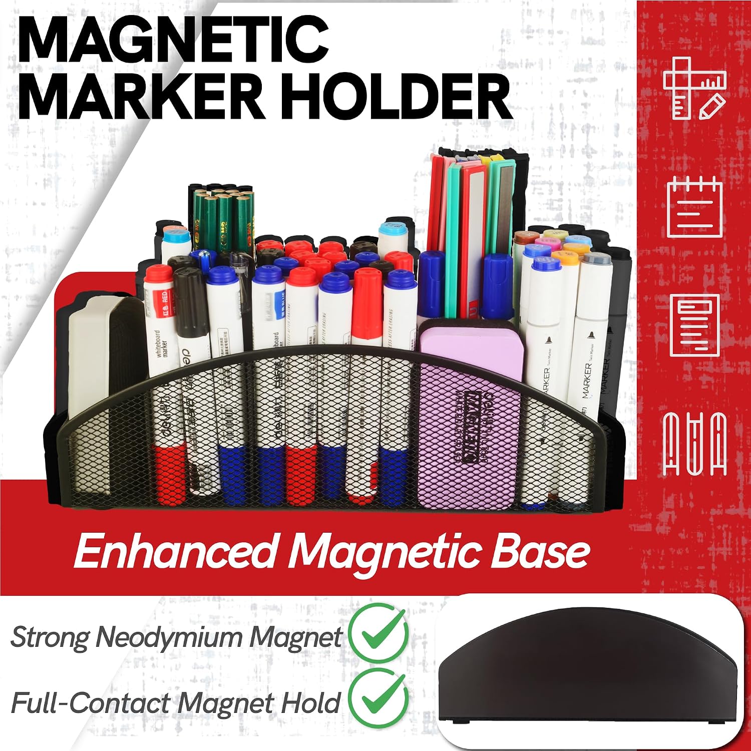 Magnetic Dry Erase Marker Holder for Whiteboard, 5 Slots Metal Pen Holder with Strong Magnets, 10inch Large Capacity Storage Basket Organizer for Office, School and Home (Black)