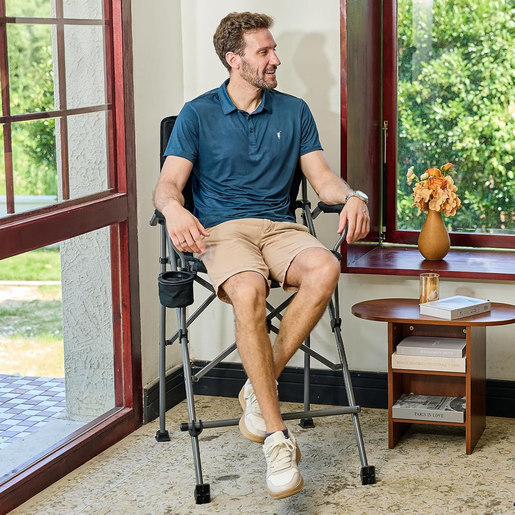 EVER ADVANCED Tall Camping Directors Chair with Cup Holder 31", Bar Height Folding Chair for Camping, Sports with Carry Bag, Mesh Pockets and Footrest, Heavy Duty 300 lbs, Black