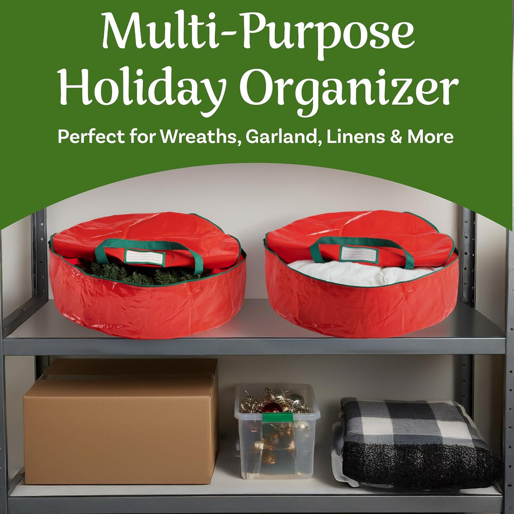 Wreath Storage Bag - 24-inch Organizer for Artificial Christmas Wreaths and Garland - Holiday Themed Tote with Green Handles by Tiny Tim Totes (Red)