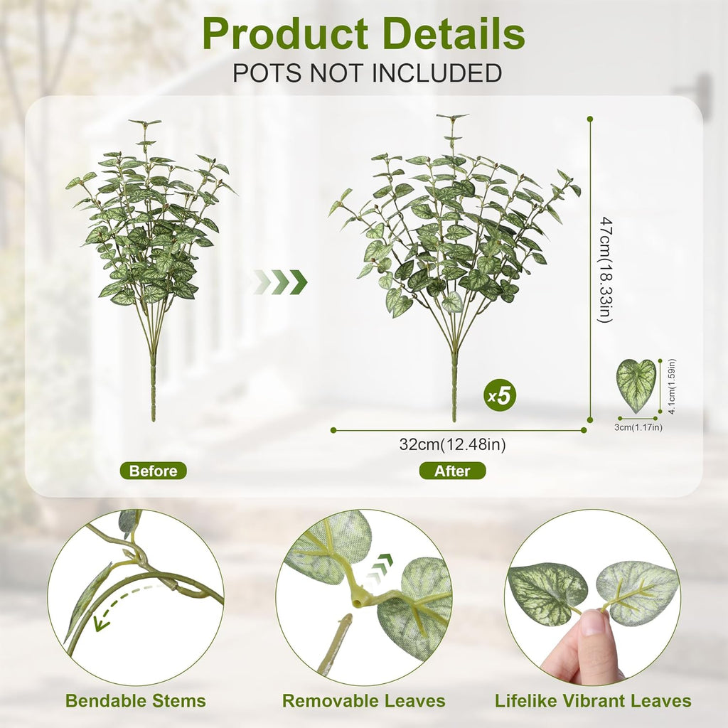 Ivydale Artificial Plants Outdoor 5 Pcs, Faux Greenery Plants Outdoor UV Resistant Silk Plants with Stems, Fake Plants for Outside Planter Front Porch Patio Pathway Decoration(Green)