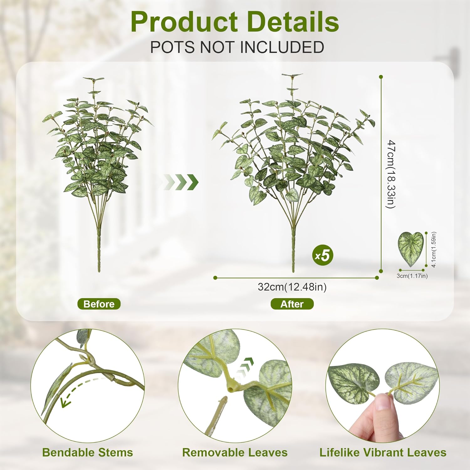 Ivydale Artificial Plants Outdoor 5 Pcs, Faux Greenery Plants Outdoor UV Resistant Silk Plants with Stems, Fake Plants for Outside Planter Front Porch Patio Pathway Decoration(Green)