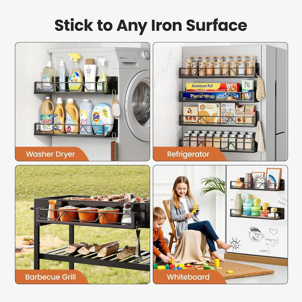 Mystozer 16.9 Inch Wide Large Capacity Magnetic Spice Rack for Refrigerator,6 Pack Metal Fridge Shelf Spice Rack Organizer Refrigerator Organizer Kitchen Spice Organizer Spice Storage(Black)