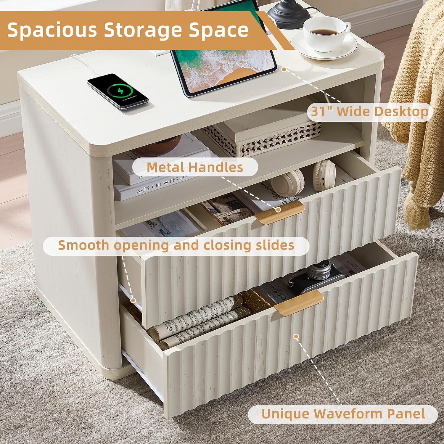 LEYAOYAO 31" Wide Fluted Nightstand Set of 2 with Charging Station, Oversized Extra Large 2 Drawers Night Stand, Antique White Bedside Table,Tall End Tables,Modern Chest of Drawer Dressers for Bedroom