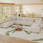 LLappuil 137" Modular Sectional Sofa with Storage, 9 Seater Corduroy U Shaped Couch with 9 Throw Pillows, Convertible Sofas for Living Room, Pet-Friendly, Scratch Resistant, Reconfigurable, Beige
