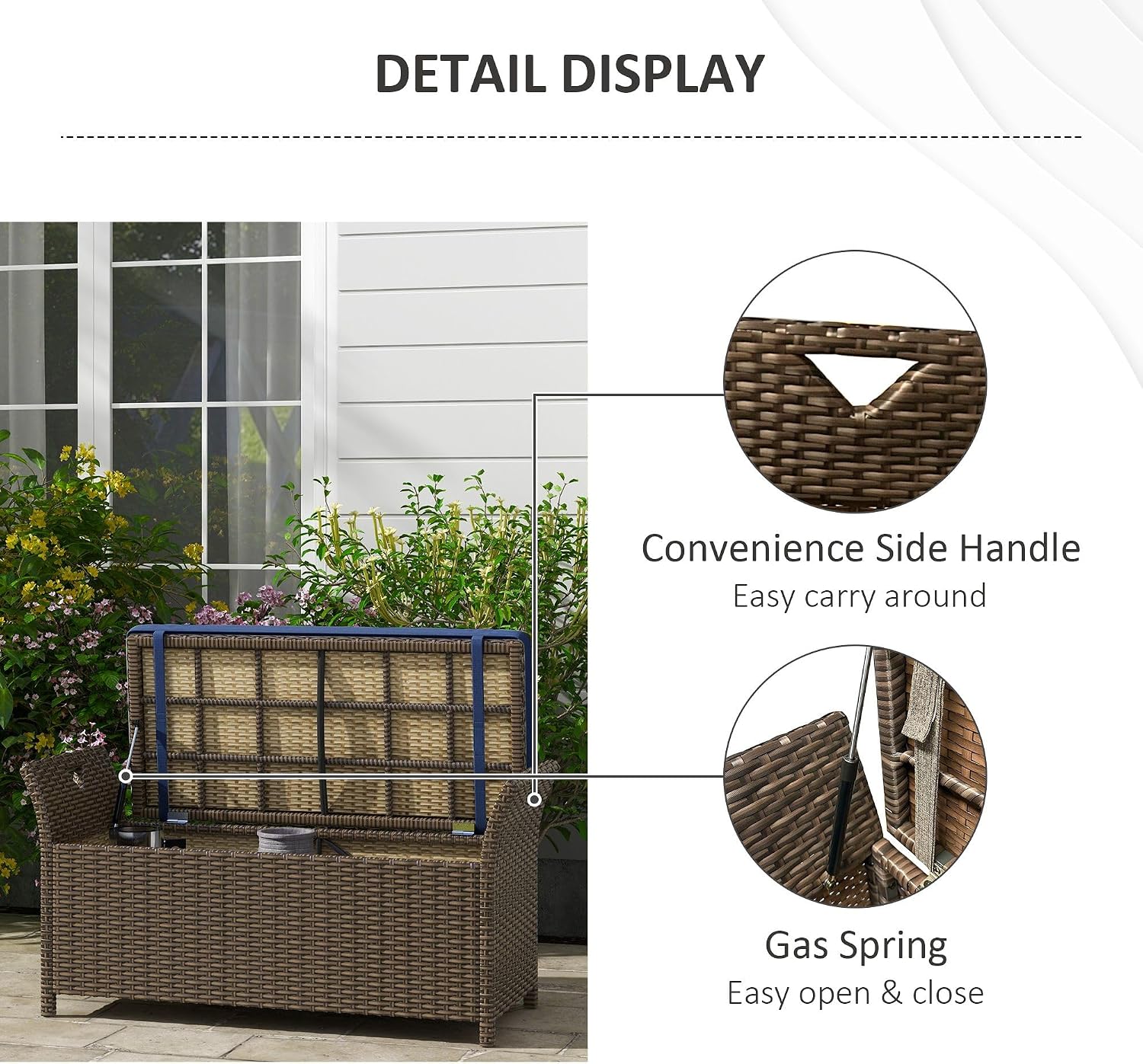 43.25x17.75x20.25in Woven Rattan Patio Bench w/Dark Blue Cushioned seat, 29-Gallon Under-lid Storage, Reinforced Steel Chassis, no-Tools Setup