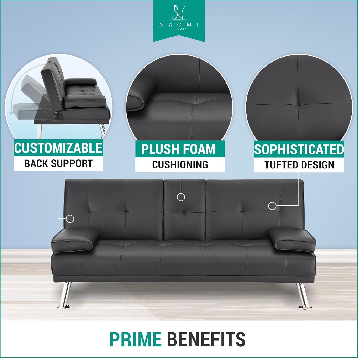 Naomi Home Compact Convertible Futon Sofa Bed – Modern Faux Leather Sleeper Couch for Small Spaces, Apartments & Dorms – Adjustable Lounger with Cup Holders & Removable Armrests, Black