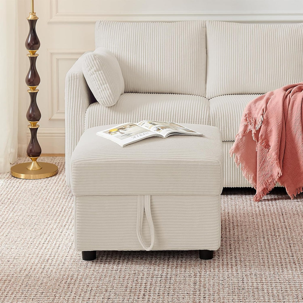 Corduroy Storage Ottoman for Living Room Sofas Couches, Square Ottoman with Storage Space Foot Rest Stool for Apartment, Dorm, Entryway, Beige