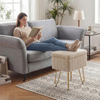 DUMOS Vanity Stool Chair with Storage, Small Ottoman Faux Fur Soft Padded Footstools Seat with 4 Metal Legs Anti-Slip Adjustable Feet Modern Footrest for Home Entryway Bedroom Makeup Camel