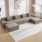 160" U Shaped Boneless Modular Sectional Sofa, Oversized 6-Seater Full Sponge Cloud Couch with Movable Ottoman, Corduroy Upholstery Couches for Living Room, No Assembly, Brown