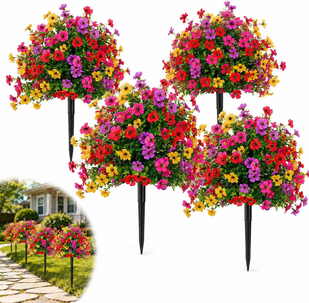 LWW Artificial Outdoor Plants, UV Resistant Faux Flower Topiary Balls with Ground Stakes, 22 Inch Realistic Fake Greenery Bushes, Waterproof Fade Resistant, Porch Garden Yard Patio Decor(4 Pack)