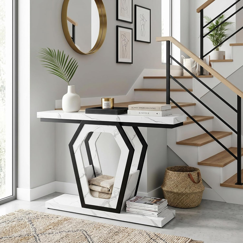 senlin Sofa Table 47.3 Inch Narrow Console Table with Openwork Frame, Industrial Entryway Table for Hallway, Rustic Wood and Metal, Adjustable Leg Pads, Easy Assembly（White Marble Texture）