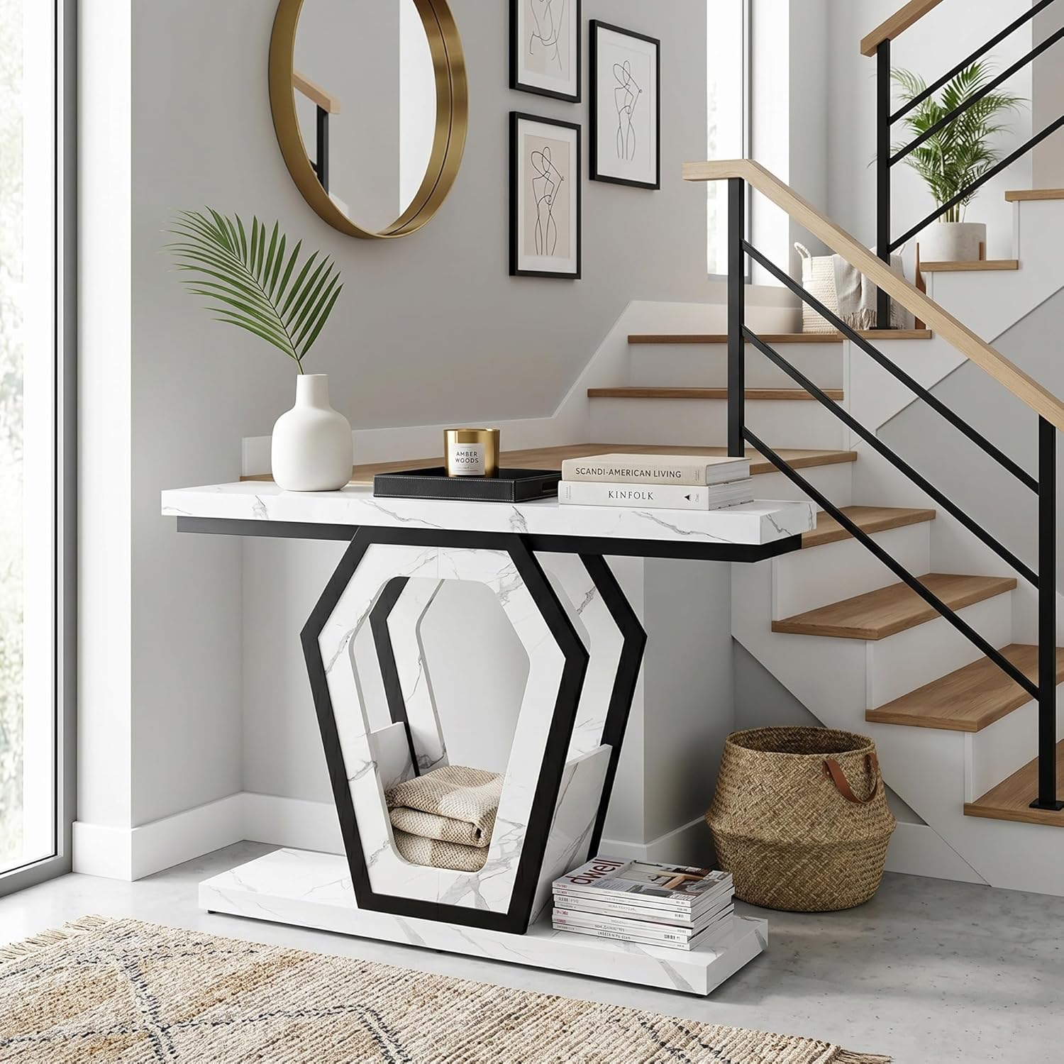 senlin Sofa Table 47.3 Inch Narrow Console Table with Openwork Frame, Industrial Entryway Table for Hallway, Rustic Wood and Metal, Adjustable Leg Pads, Easy Assembly（White Marble Texture）