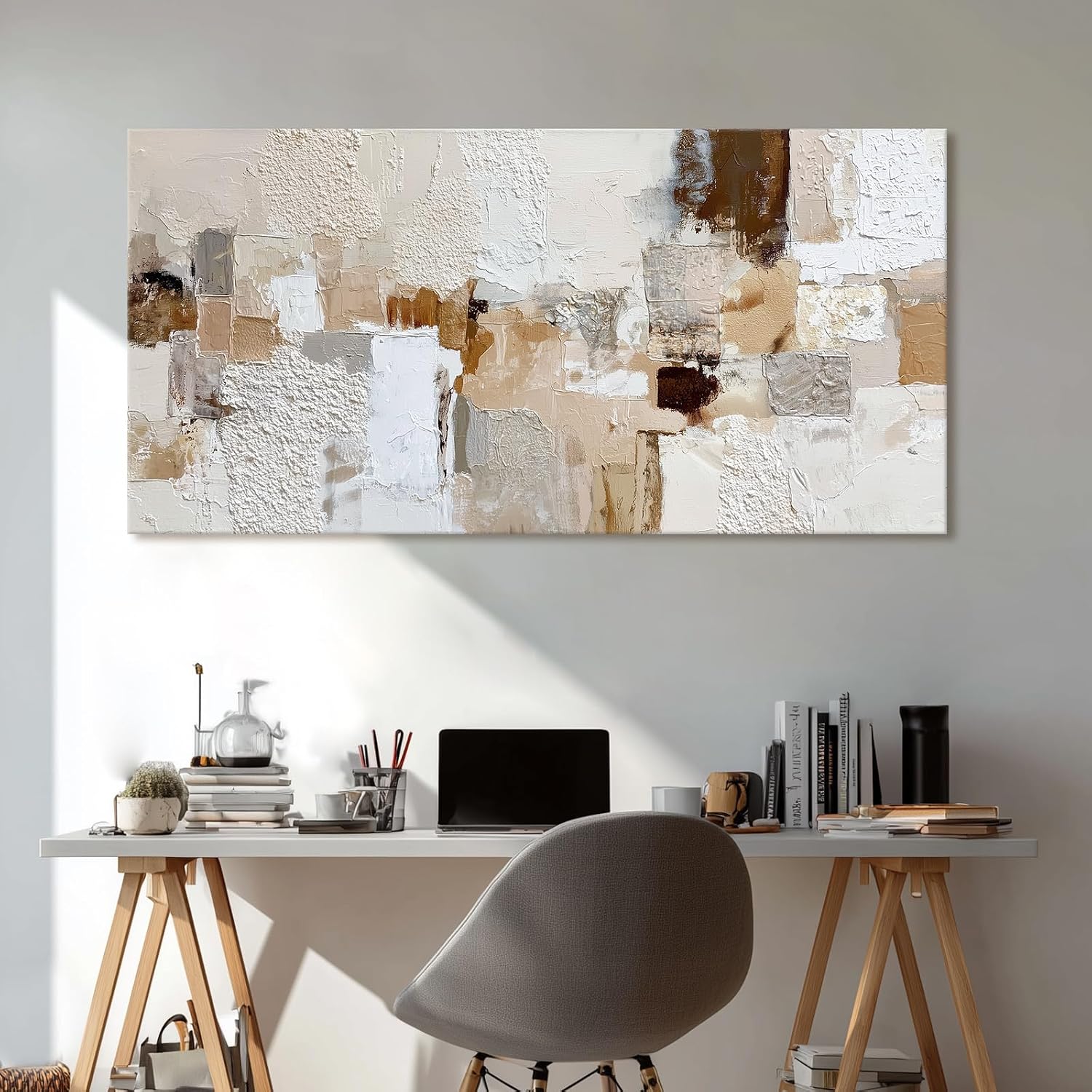 Azatyam Neutral Abstract Wall Art for Living Room Decor Modern Brown Minimalist Canvas Prints Artwork Picture Cream White Gray Brush Stroke Painting for Bedroom Dining Room Office Decor 20" x 40"