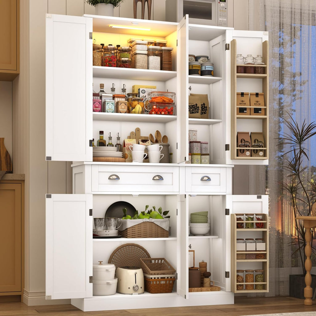 71"H Tall Kitchen Pantry Cabinet,39"W Large Freestanding Kitchen Hutch Wood Stoarge Floor Cabinet w/6 Door Shelves,2 Large Drawer,Adjustable Shelves,Modern Food Pantry for Kitchen,Dining Room,White