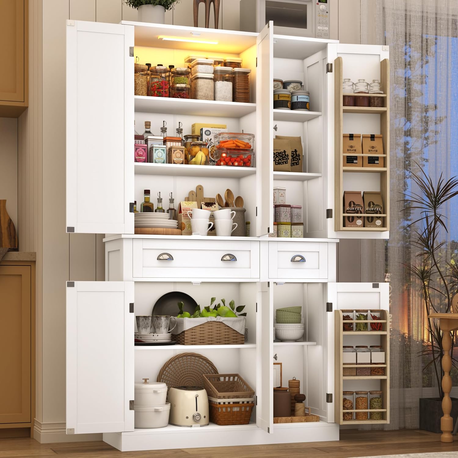 71"H Tall Kitchen Pantry Cabinet,39"W Large Freestanding Kitchen Hutch Wood Stoarge Floor Cabinet w/6 Door Shelves,2 Large Drawer,Adjustable Shelves,Modern Food Pantry for Kitchen,Dining Room,White