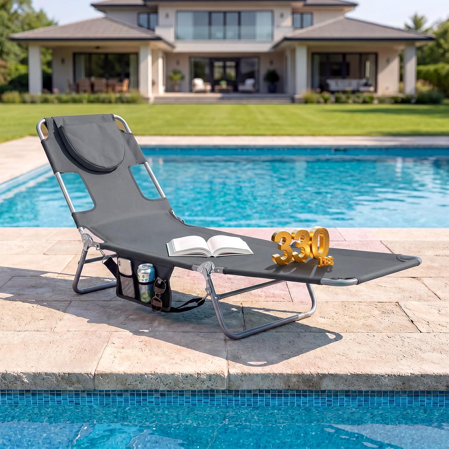 Goplus Tanning Chair, Portable Lightweight 10.5LBS Beach Lounger with Face Arm Holes, Adjustable 5-Position, 330LBS Capacity, Side Pocket, Removable Cushions, Portable Sunbathing Chair for Pool