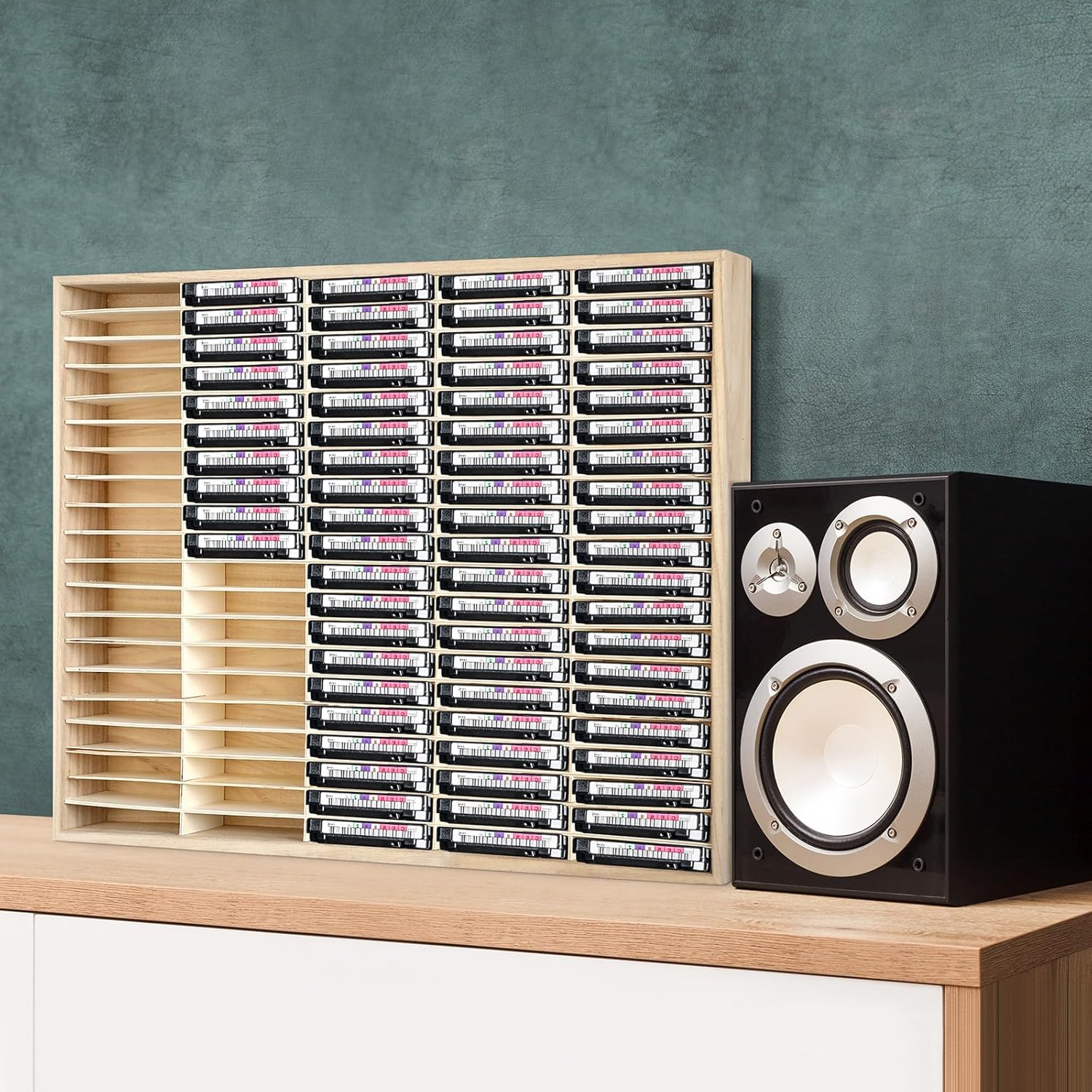 Marsui 100 Slot Cassette Tape Storage Holder Wooden Audio Tape Organizer Cassette Tape Rack for Cassette Collections Audio Accessory