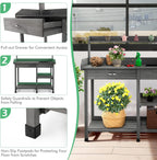 TANGZON Garden Potting Table, Wooden Potting Bench with Large Sink, Drawer, Open Shelves & 3 Hooks, Outdoor Gardening Flower Plant Workstation for Patio Balcony Yard Lawn (Grey)