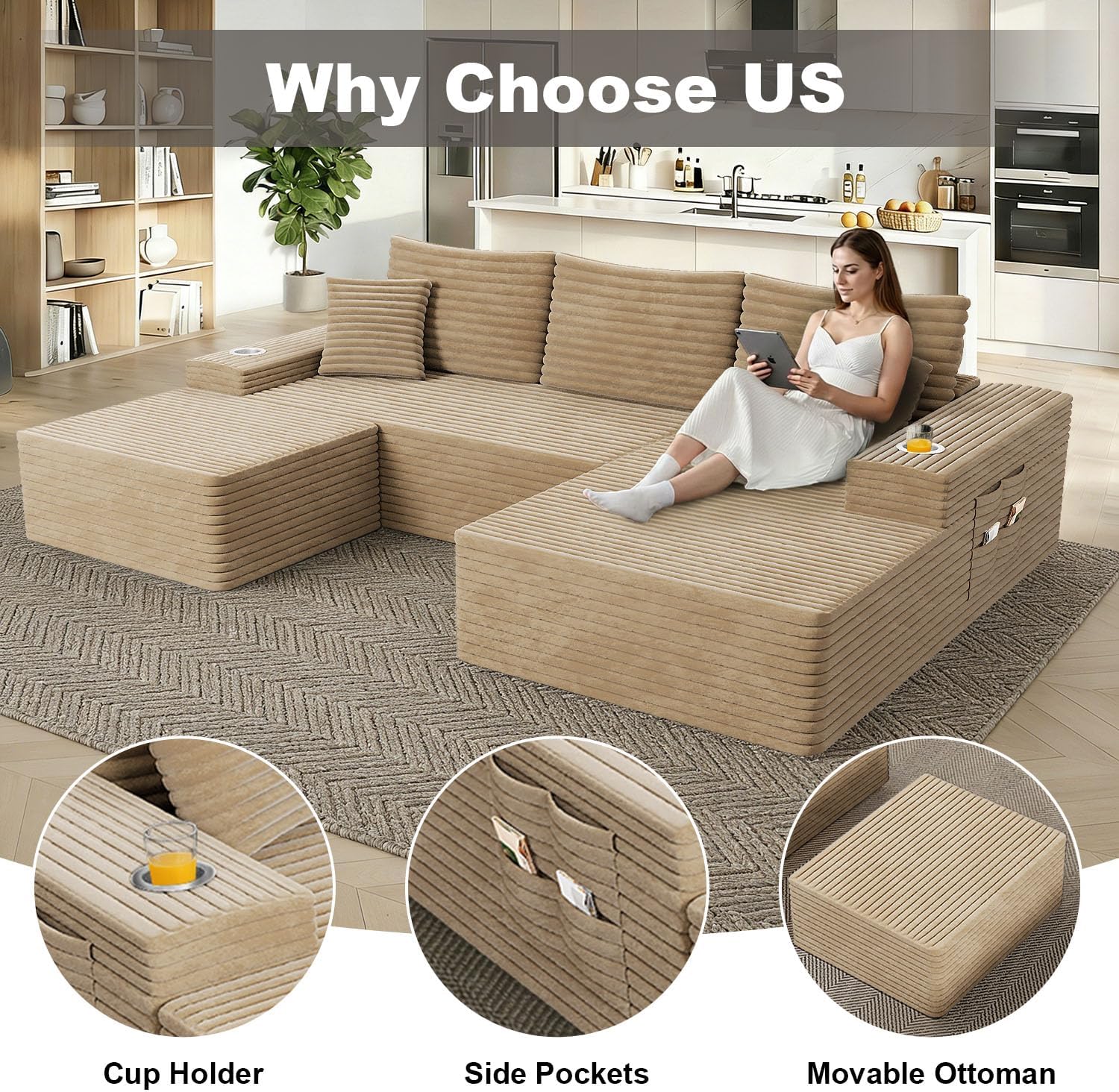 KCGKCG 106" Cloud Modular Sectional Couch with Ottoman, Modern U Shaped Corduroy Sofa, Higher 17.7" Seat Height, 32D Pure Foam, Built in Cup Holders, No Assembly Living Room(Camel, Left Facing Chaise)