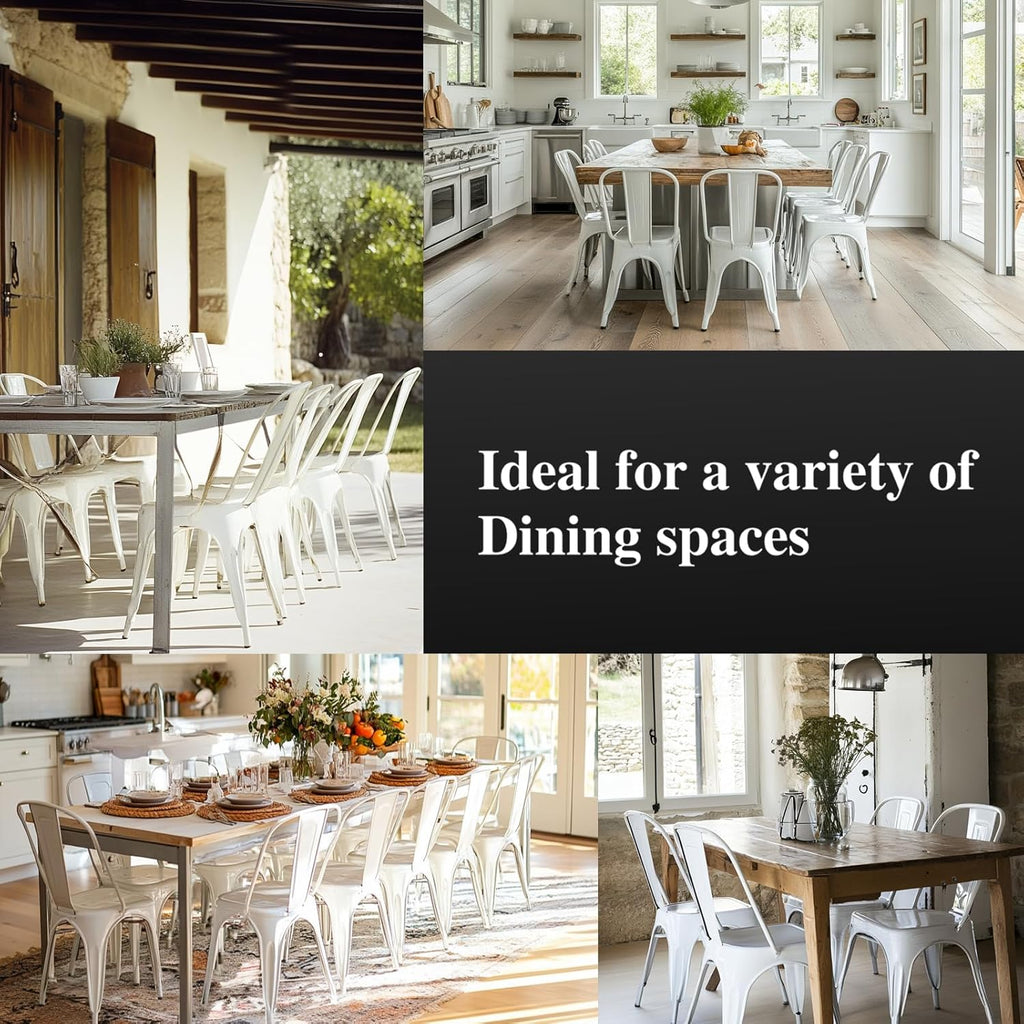 Metal Dining Chairs Set of 6 with Wooden Seat Iron Stackable Industrial Tolix Style Farmhouse Dining Room Bistro Outdoor Arctic White Color