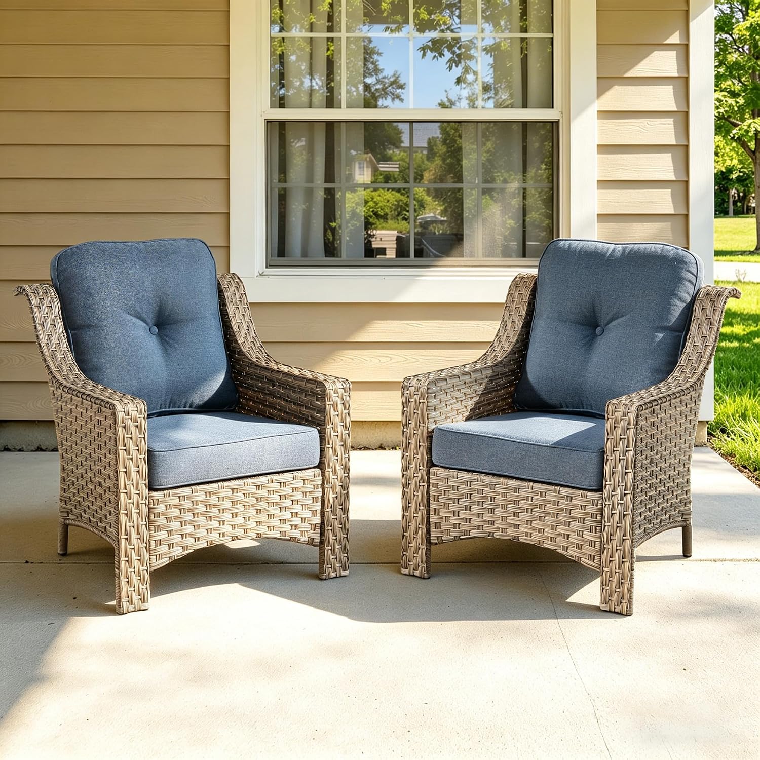 2 Piece Patio Furniture Set, Outdoor Wicker Chairs Set of 2 with Thick Cushion, Heavy Duty High Back Comfortable Chair for Small Balcony Porch Garden, Denim Blue