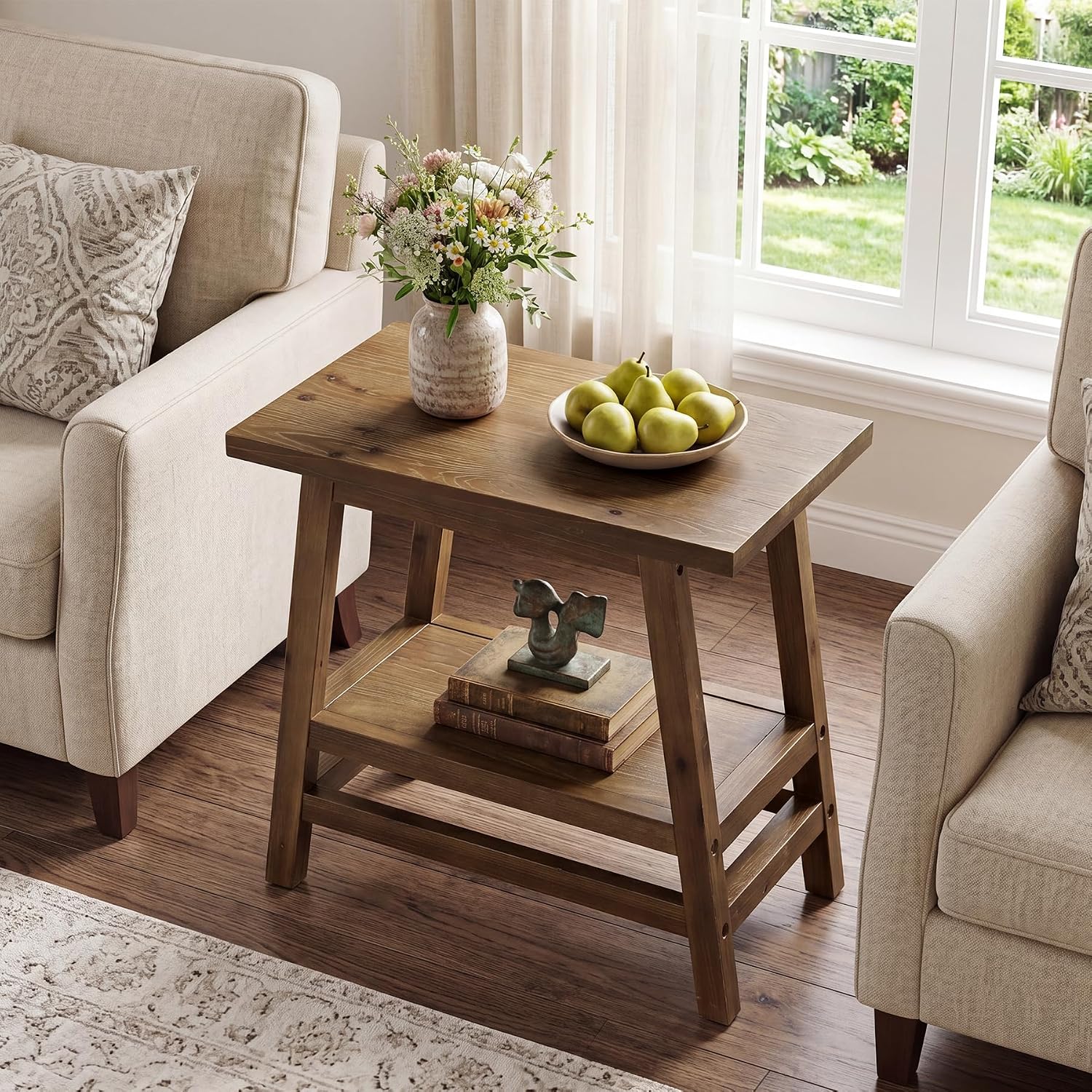 Solid Wood End Table, 2-Tier Small Side Table with Stable A-Frame, Farmhouse Narrow Nightstand, Rectangular Slim Accent Bedside Furniture for Small Spaces, Living Room, Bedroom