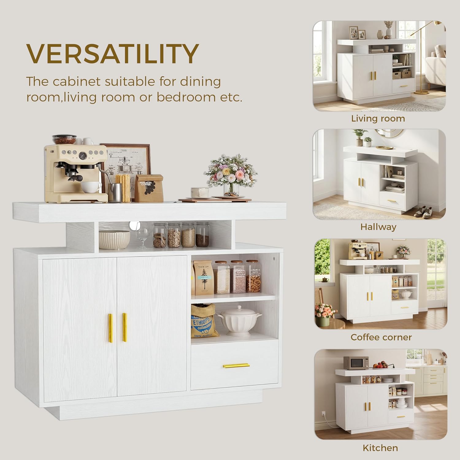 IRONCK Buffet Cabinet, Sideboard Cabinet with Power Outlet and LED Light, Modern Storage Cabinet with Drawer and Shelves, White