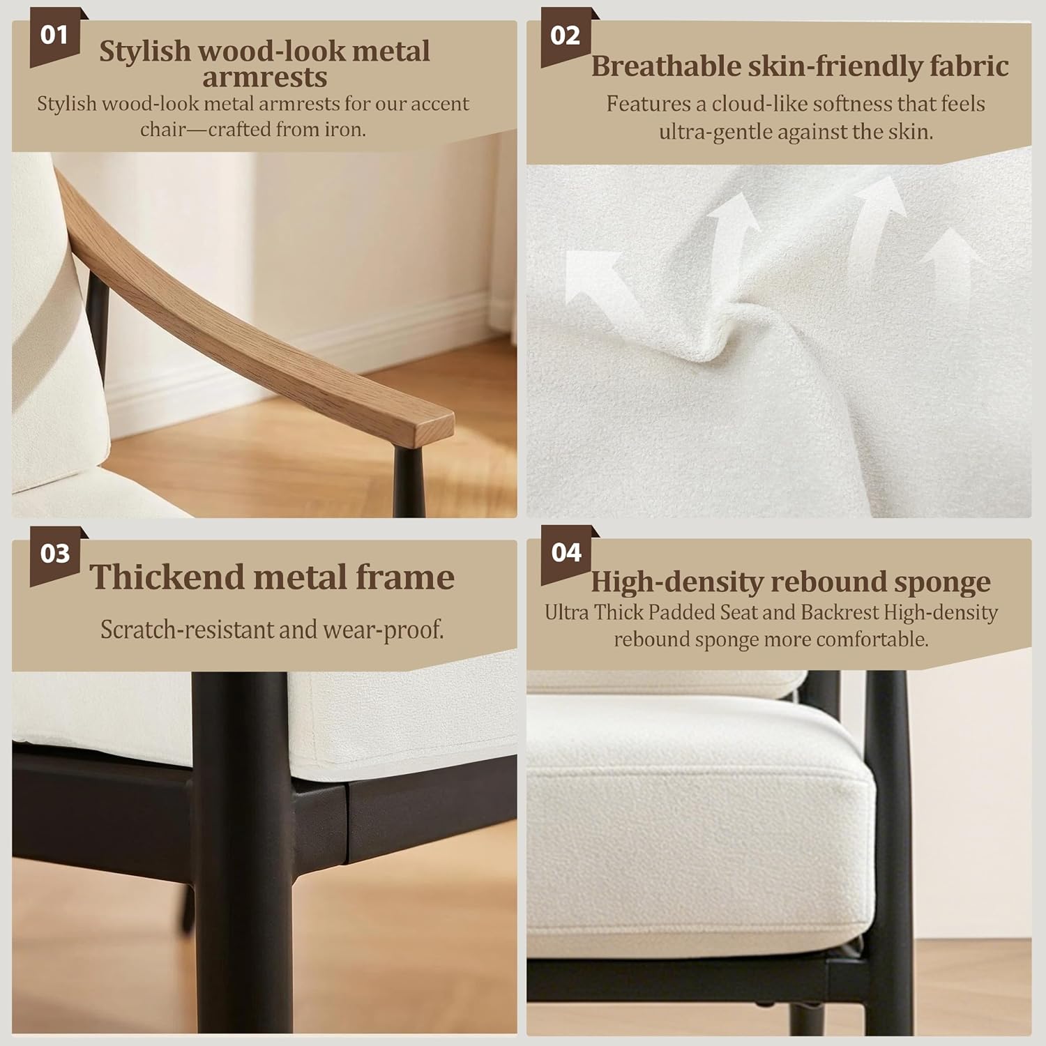 RNKSFX Modern Accent Chairs Set of 2 for Living Room Bedroom Mid Century Arm Chairs Upholstered Office Accent Chairs Comfy Waiting Room Chairs with Metal Frame, Cream White