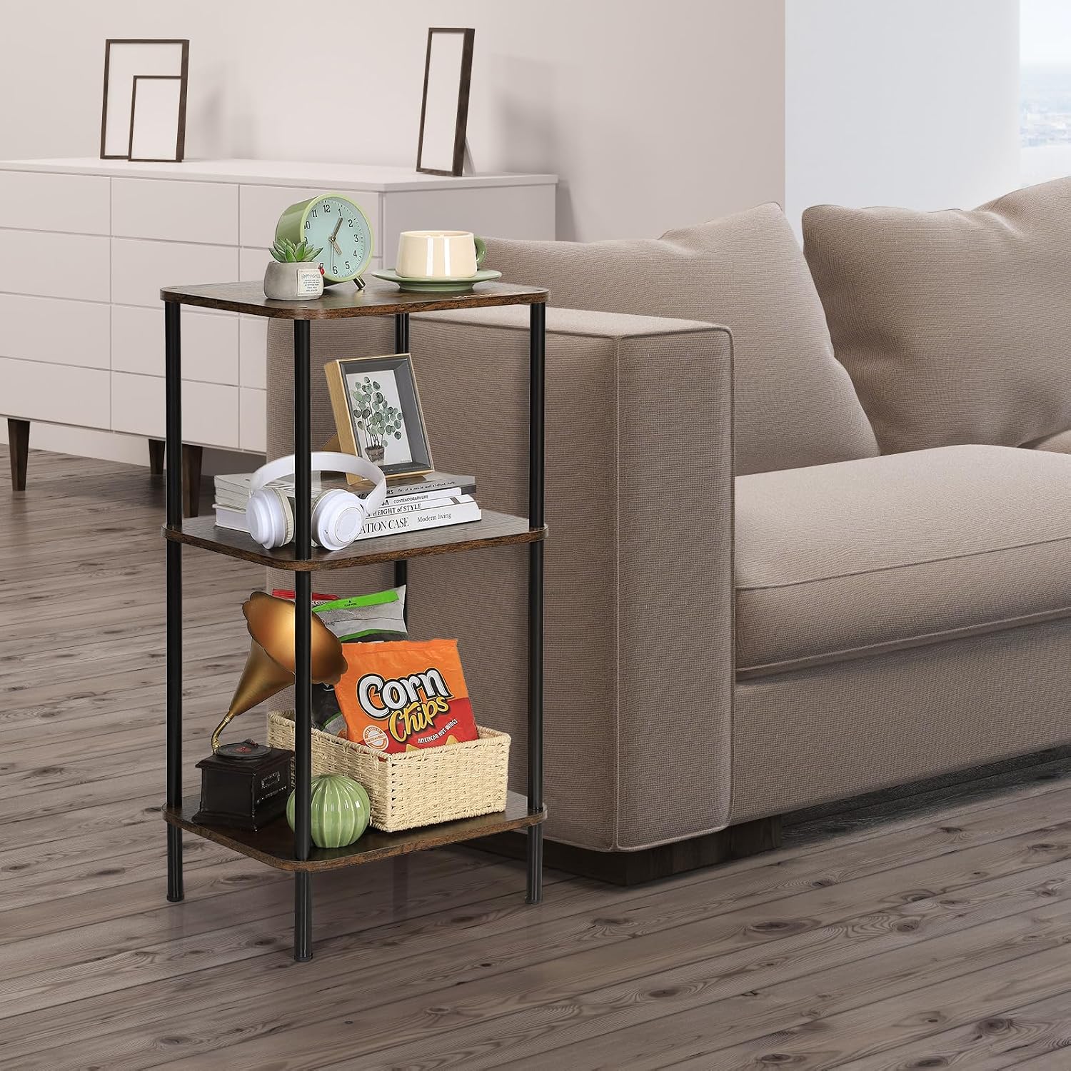 30 Inch Tall End Table with 3-Tier Storage, Slim Narrow Nightstand for Living Room, Bedroom, Sofa & Small Spaces, Lightweight, Rustic Brown