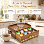 Acacia Wood Tea Bag Organizer 8 Compartment Storage Box & Organizer with Drawer Tea Bag Holder Container Chest,Coffee Station Sugar Packet Display for Countertop, Pantry, Office Cabinet