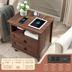 Farmhouse Nightstand with Charging Station, 22" Large End Table with 2 Drawers & Open Shelf, Rustic Wood Square Sofa Side Bedside Table w/4 Solid Wood Feet for Living Room, Bedroom,2 Pack,Walnut