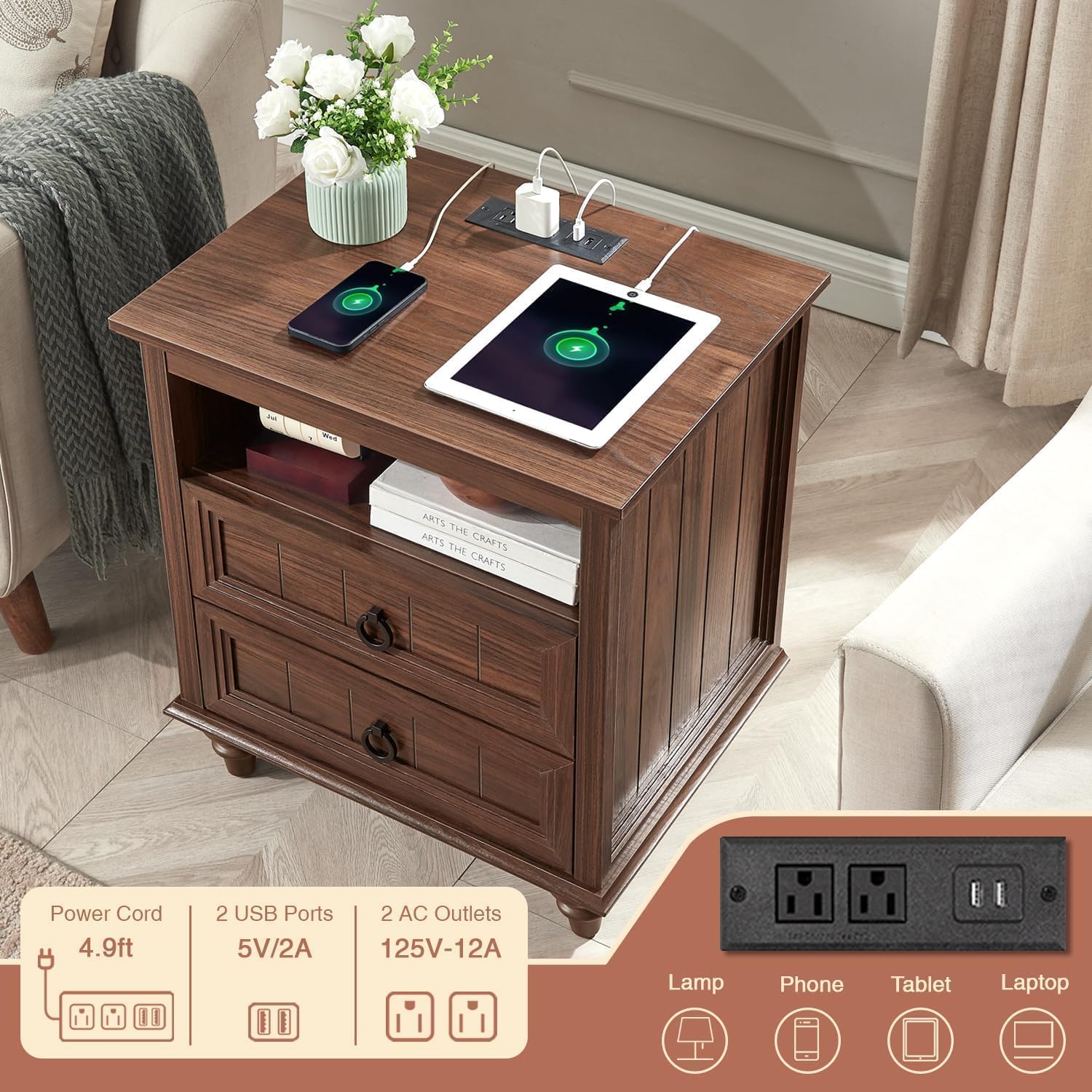 Farmhouse Nightstand with Charging Station, 22" Large End Table with 2 Drawers & Open Shelf, Rustic Wood Square Sofa Side Bedside Table w/4 Solid Wood Feet for Living Room, Bedroom,2 Pack,Walnut