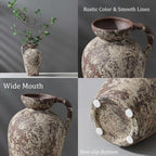 Brown Ceramic Rustic Farmhouse Vase Jug Pitcher with Handle, Distressed Antique Terracotta Pottery Flower Vase 14.2 Inch Handmade Large Floor Vintage Decorative for Home Living Room Decor