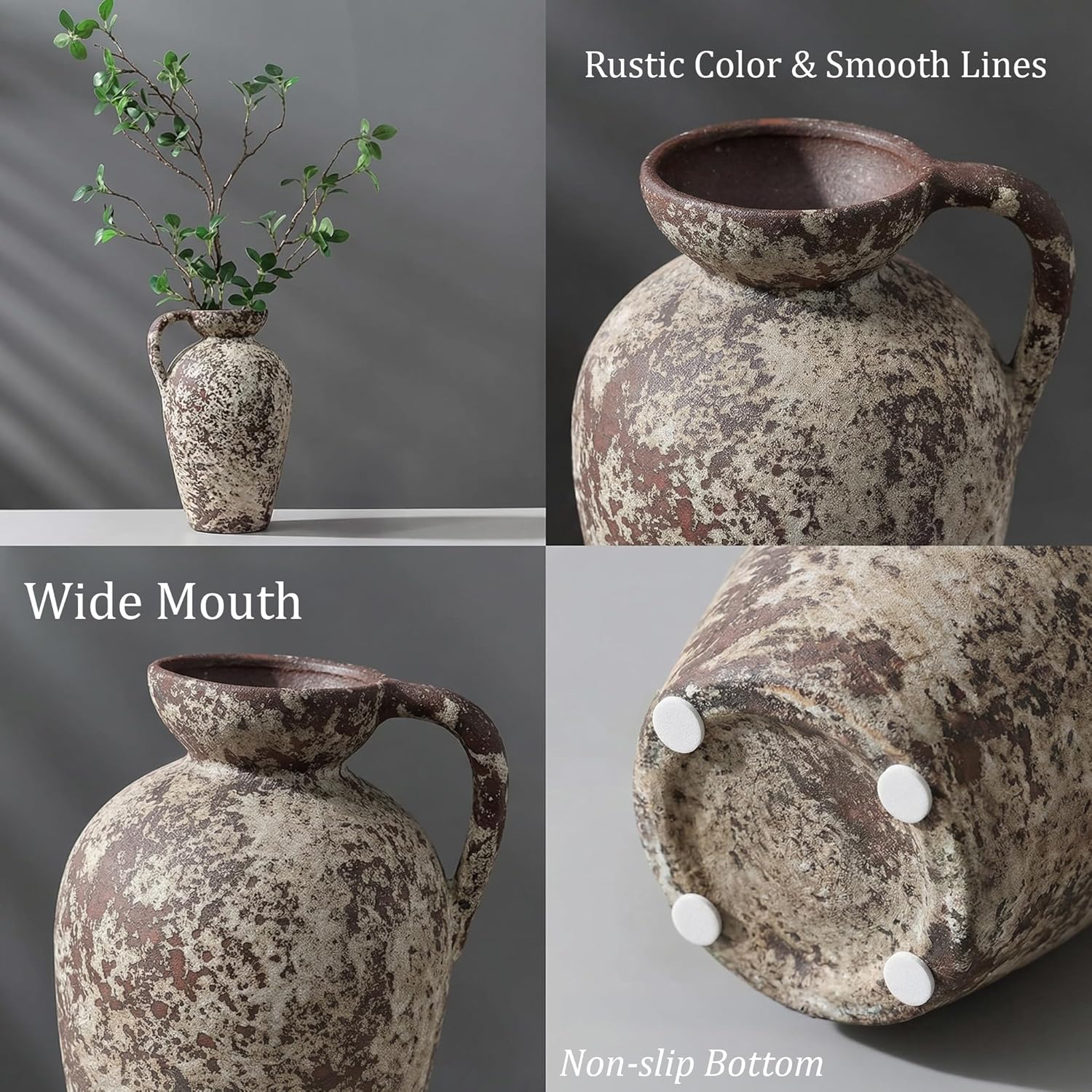 Brown Ceramic Rustic Farmhouse Vase Jug Pitcher with Handle, Distressed Antique Terracotta Pottery Flower Vase 14.2 Inch Handmade Large Floor Vintage Decorative for Home Living Room Decor