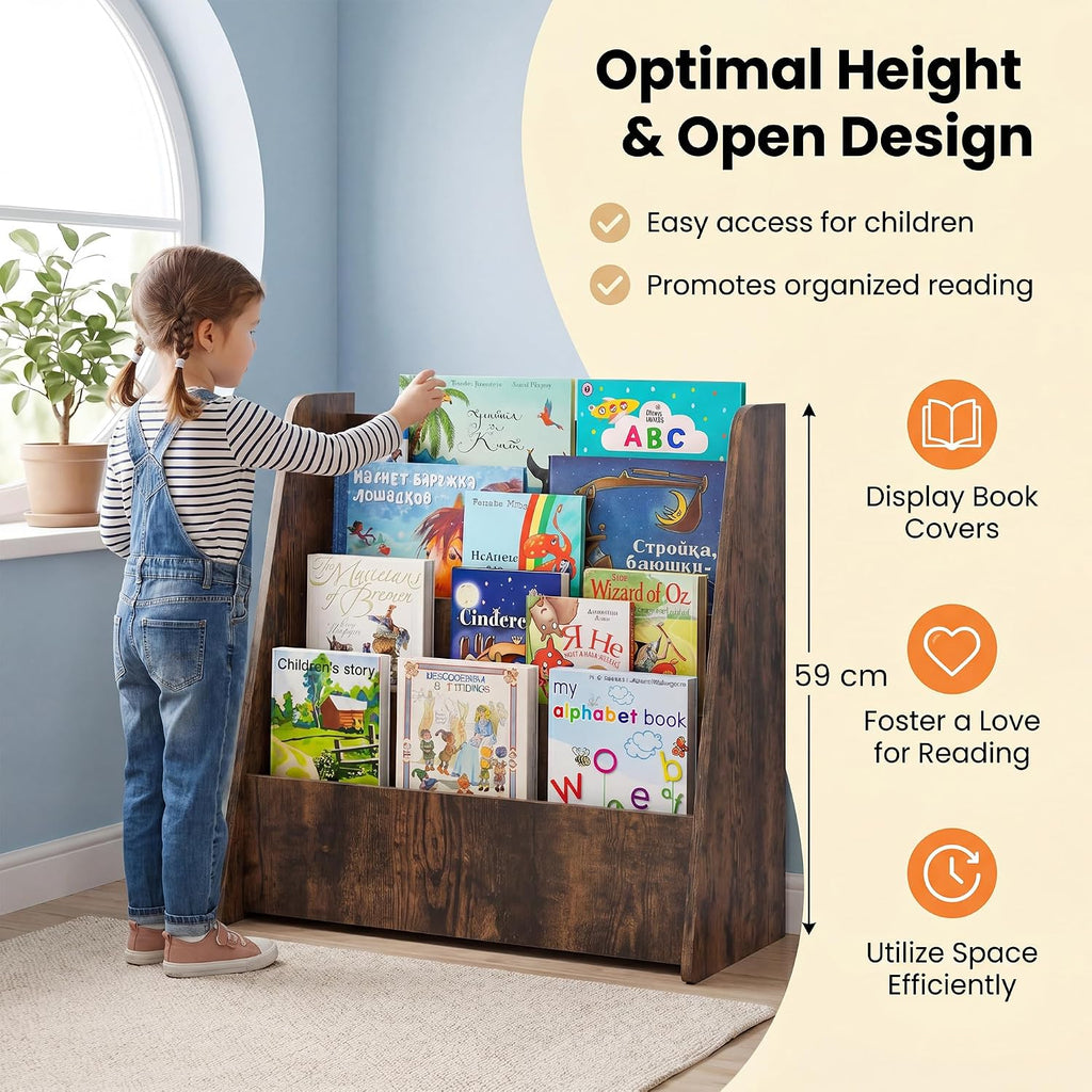 GLACER 4-Tier Kids Bookshelf, Wood Toddler Bookcase with Deep Magazine Display Shelf & Back Storage Space, Children Storage Organizer for Nursery, Playroom, Kids Bedroom, Classroom (Rustic Brown)