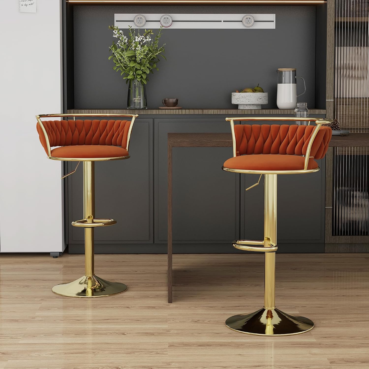 Velvet Swivel Bar Stools, Adjustable Counter Height Bar Chairs with Low Back & Footrest, Modern Gold Bar Stools for Kitchen Island, Bar Pub