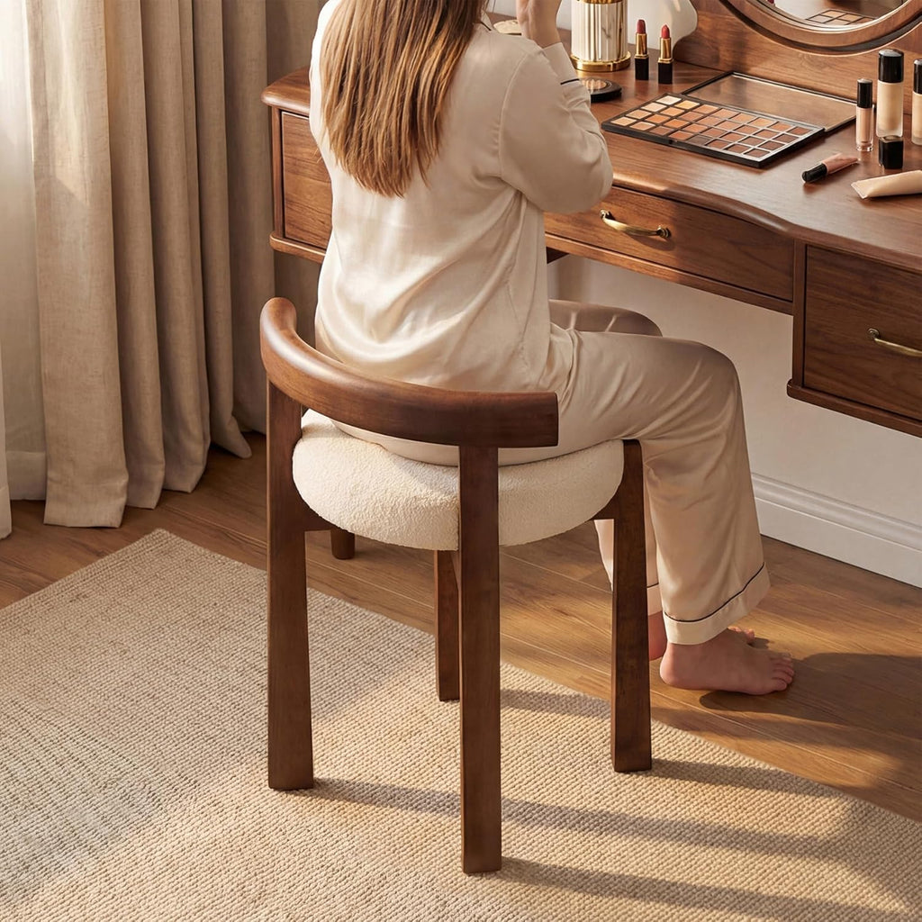 Wood Vanity Stool with Faux Wool Cushion, Upholstered Makeup Chair with Solid Wood Frame, Round Vanity Ottoman Seat for Makeup, Bedroom, Living Room, 20-Minute Assembly (Only Stool)