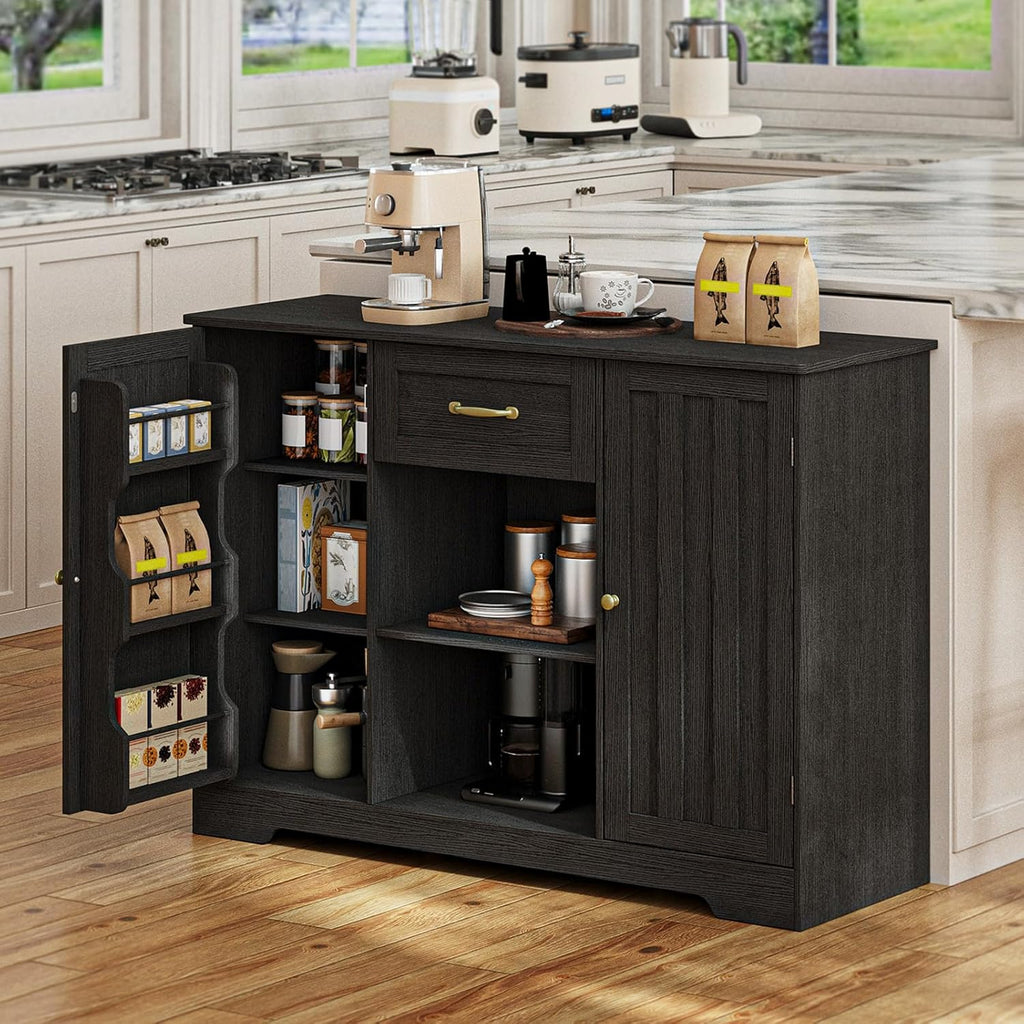 Gizoon 45" Coffee Bar Cabinet with Door and Shelves Kitchen Hutch with Countertop, Kitchen Buffer Cabinet with Storage for Bedroom and Living Room, Black