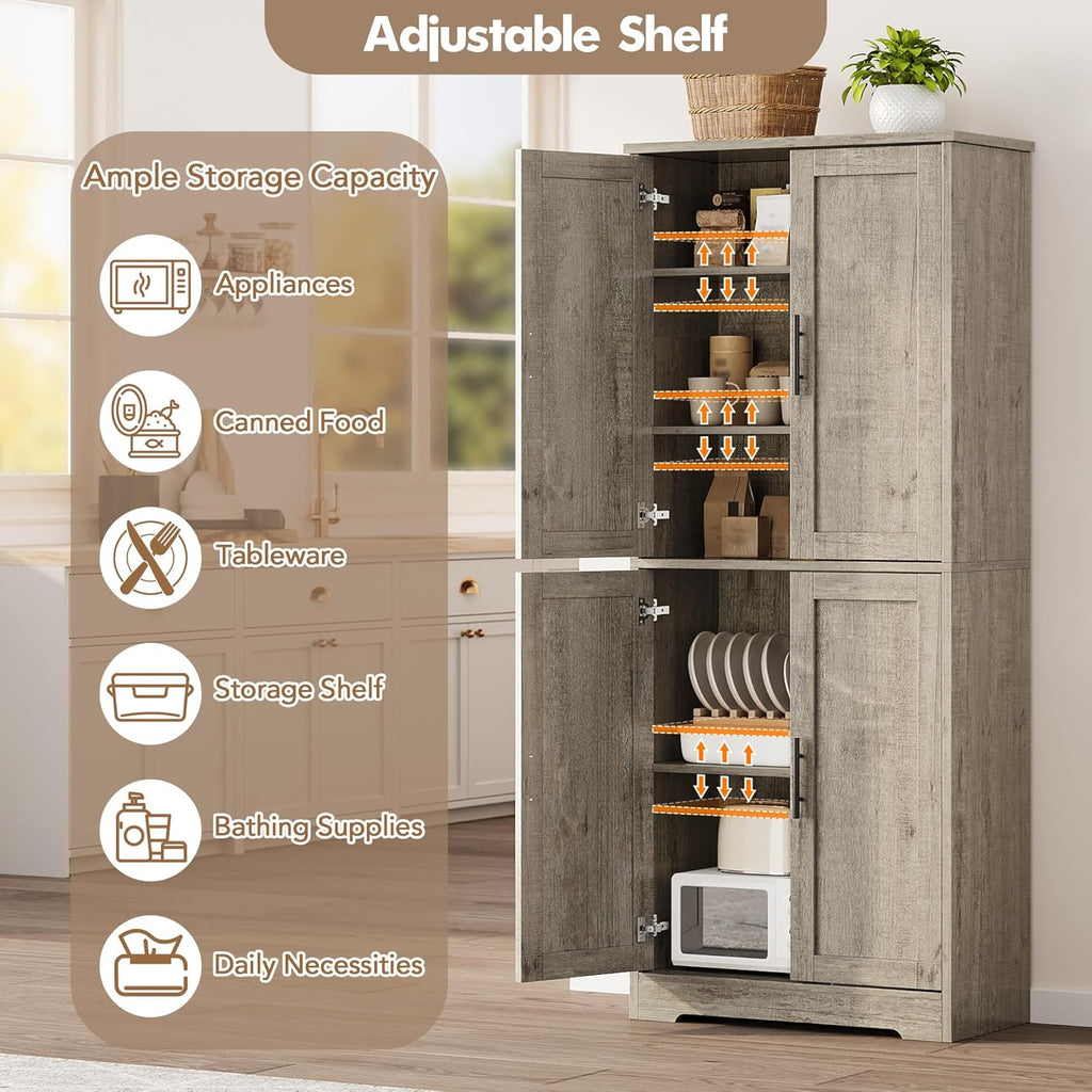 GarveeHome 70 in Tall Kitchen Pantry Cabinet, Freestanding Storage Cabinet with 4 Doors and Adjustable Shelves, Utility Cupboard for Dining Room, Living Room, Bathroom (Gray)